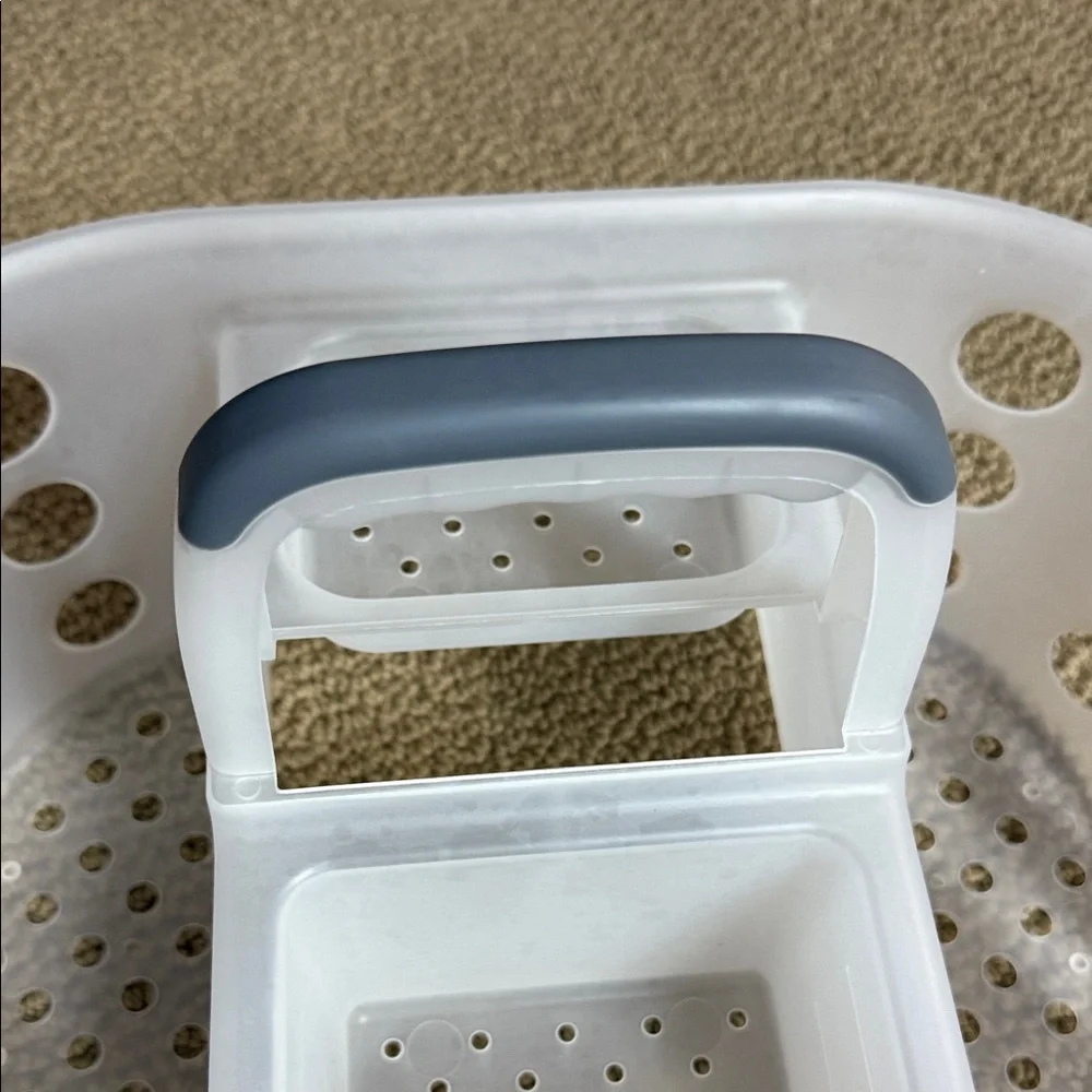 Oval White shower caddy with Gray Handle